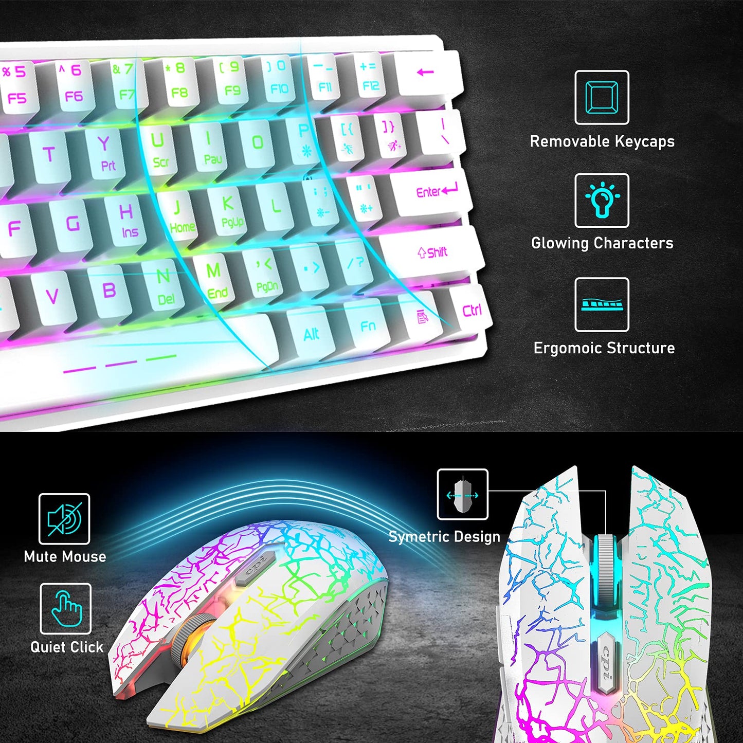 ZIYOU LANG T61 Wireless Gaming Keyboard and Mouse Combo with Ergonomic 61 Key Rainbow LED Backlight Anti-ghosting Mechanical Feel Rechargeable 4000mAh Battery Mouse Pad for PC MAC Gamer Typists(White)