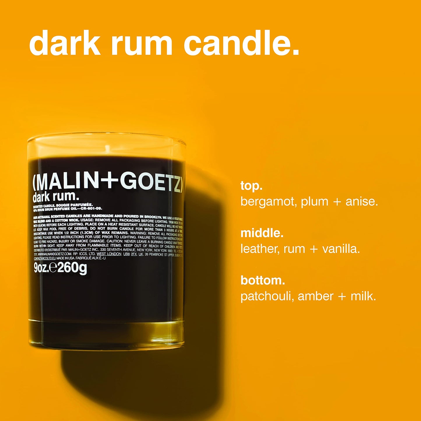 MALIN+GOETZ Women's Dark Rum Candle, Dark Rum, Brown, 9.0 Fl Oz