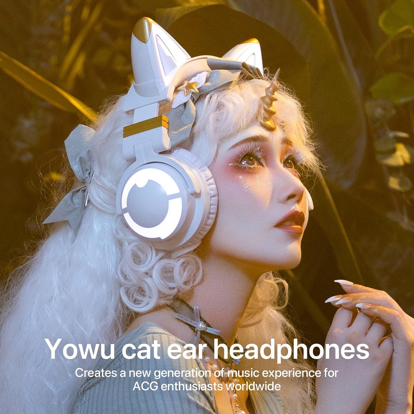 YOWU Cat Ear Headphones 3G, RGB Wireless/Wired 5.0 Foldable Gaming Headset with 7.1 Surround Sound, Built-in Mic & Customizable Lighting and Effect via APP(White)