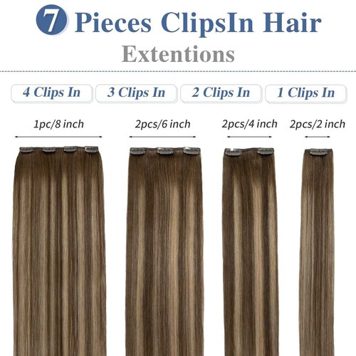 Clip in Hair Extensions Real Human Hair S-noilite #4T4P27 Chocolate Brown to Caramel Blonde Double Weft hair extensions 20 Inch Clip in Real Human Hair for Women Balayage Straight 7PCS 125g