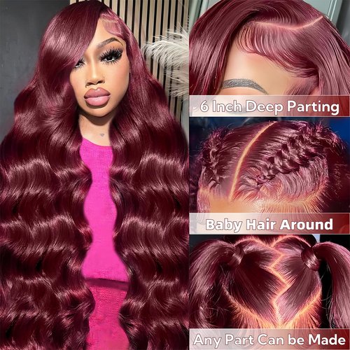 24 Inch Burgundy Wig Human Hair 13x6 Burgundy Lace Front Wigs Human Hair 200 Density HD Lace Front Wigs Glueless Wine Red Body Wave Lace Front Wigs Pre Plucked for Women