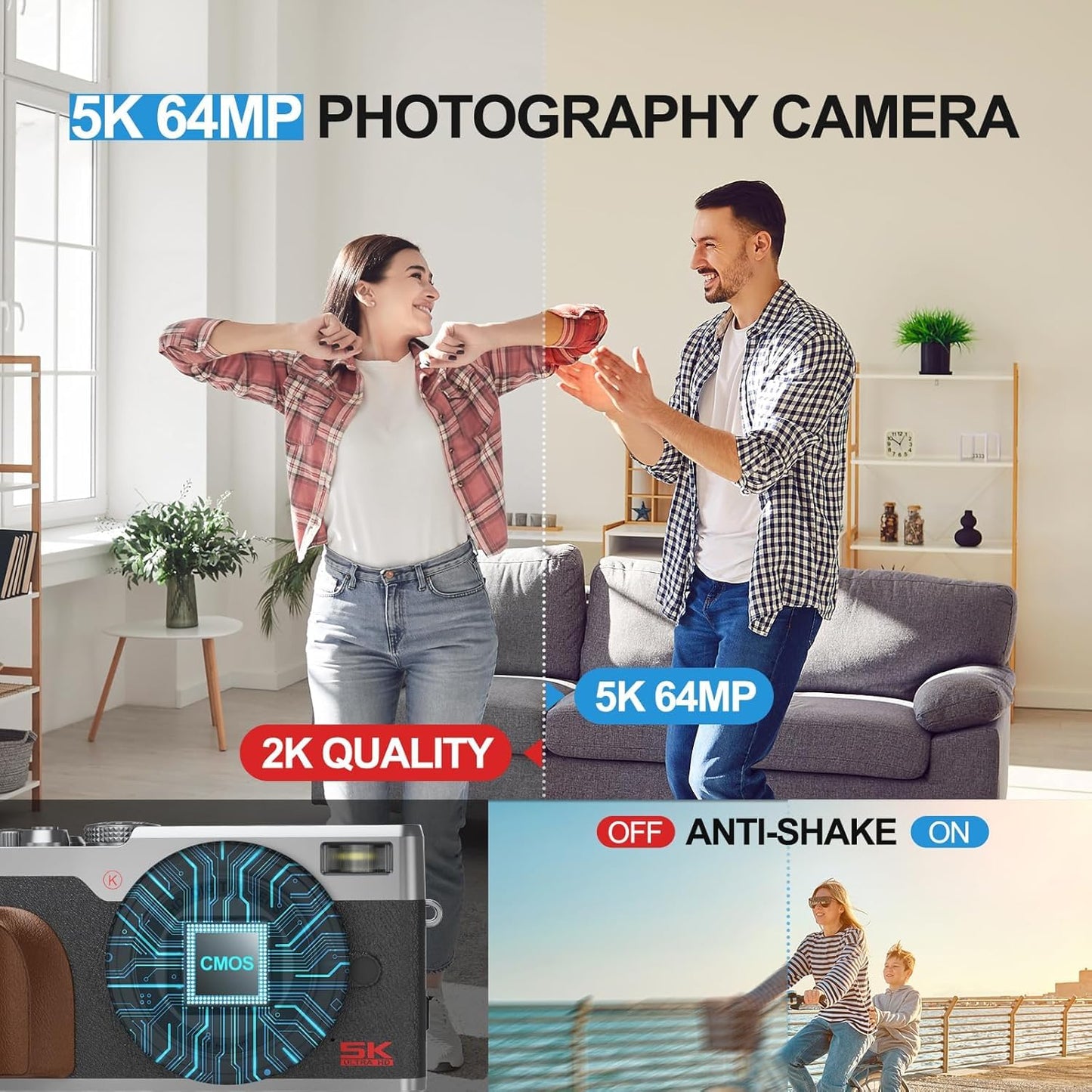 5K 64MP Digital Cameras for Photography,18X Zoom Anti-Shake Vlogging Camera for YouTube, Autofocus Digital Cameras with 32GB TF Card & 2 Batteries (Silver)