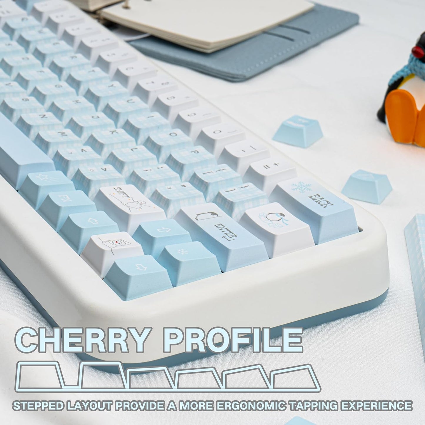 145 Keys PBT Keycap Cherry Profile, Light Blue White Black Bow Aesthetic Dye Sublimation Gaming Custom Keycaps for ANSI/ISO Layout Mechanical Keyboards