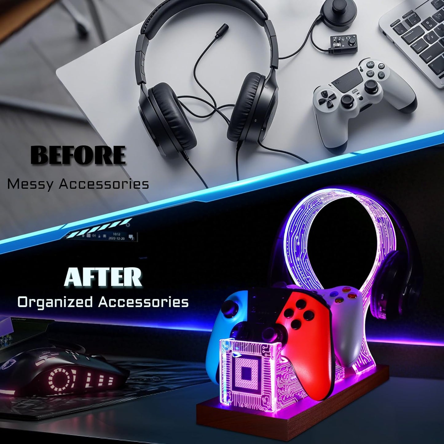 YuanDian Gamer Gifts for Teenage Boy, Desk Gaming Headset and Controller Stand with Blue Pink LED Night Light, Acrylic Wooden Controller Holder with PCB Pattern, Desk Decor Gift