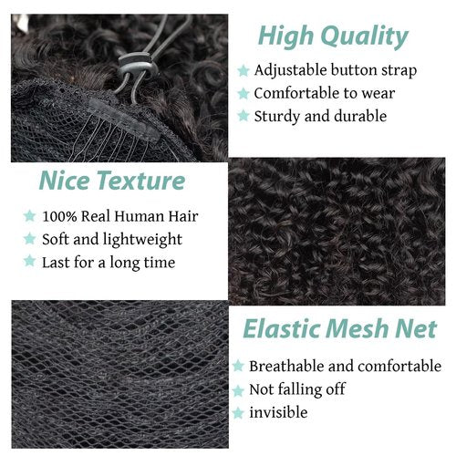SPIKFN Ponytail Extension Human Hair Curly Ponytail Extension for Black Women Long Afro Puffs Hair Buns Drawstring Ponytail Human Hair (16 Inch #1B Natural Black)