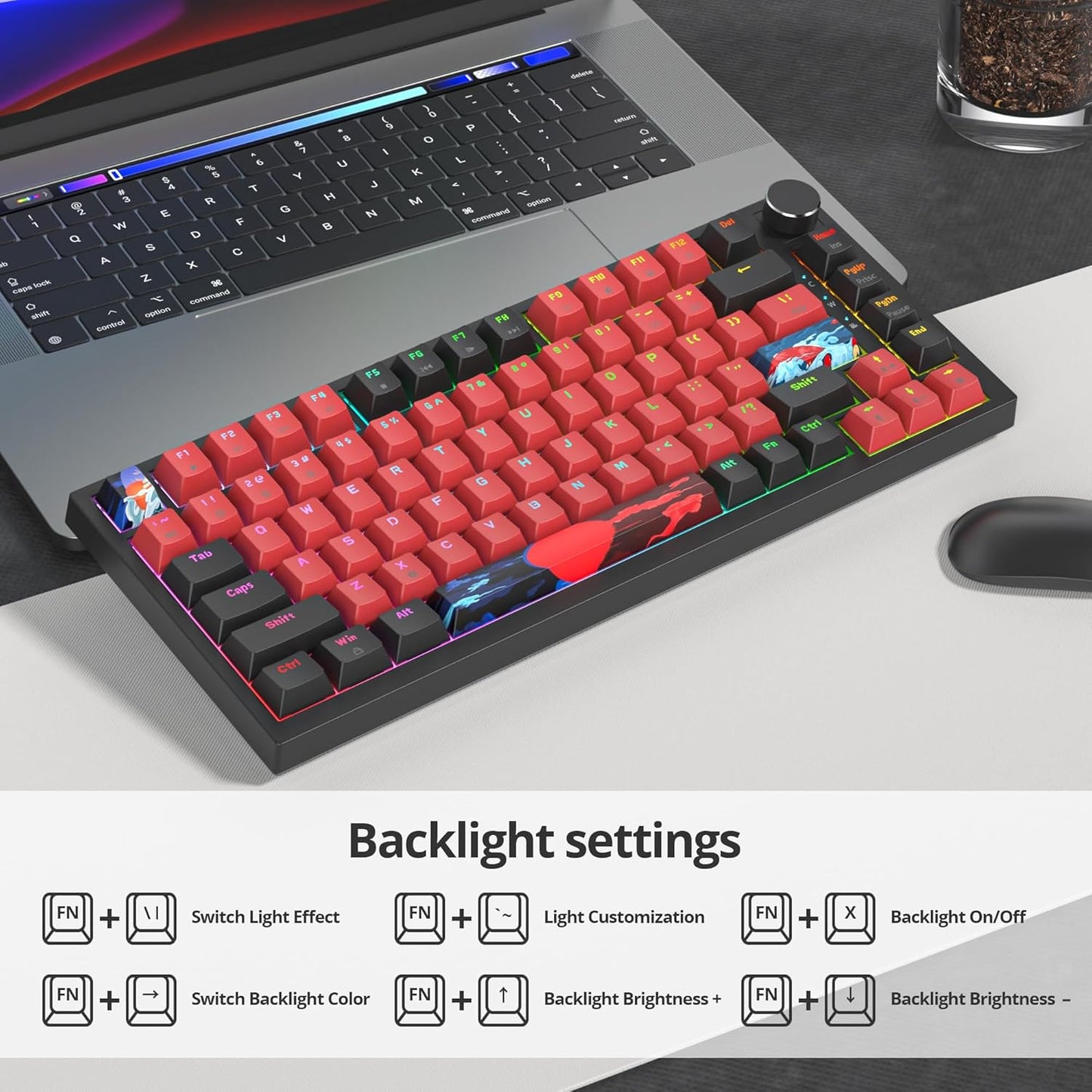 75% Mechanical Gaming Keyboard with Volumn Knob, Gasket Hot Swappable RGB, Wired, Red Switch, 82 Keys Compact Creamy (Black Grey)