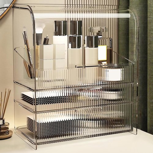 DASITON Clear Cover Dustproof Three layers Storage Box,Makeup Brush Holder,Large Capacity Desktop Storage Box with Drawer,for Beauty Products,Perfume,Jewelry,Nail Polish