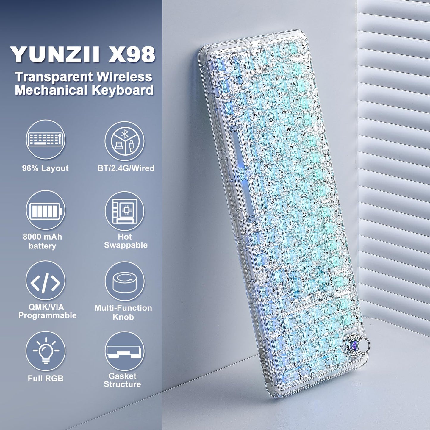 YUNZII X98 QMK/VIA Wireless Mechanical Gaming Keyboard with Knob,Tri-Mode BT5.0/USB-C/2.4GHz Hot Swappable Keyboard,Pre-lubed Switches Gasket Mount RGB Backlit for Wins/Mac (White, Snow Switch)