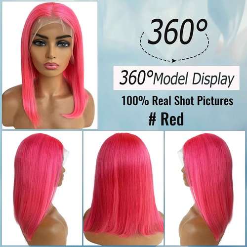 Blonlier Pink Bob Wig Human Hair Glueless Wigs Human Hair Pre Plucked Pre Cut 13X4 HD Transparent Straight Pink Short Bob Wig Human Hair Frontal Lace Wig, 16in