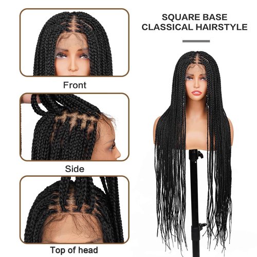 Top Remy Box Braided Wigs For Women 36"" Full Double Lace Braided Wig With Baby Hair Large Square Knotless Long Braided Wigs Synthetic Handmade Full Lace Braided Wig, Black