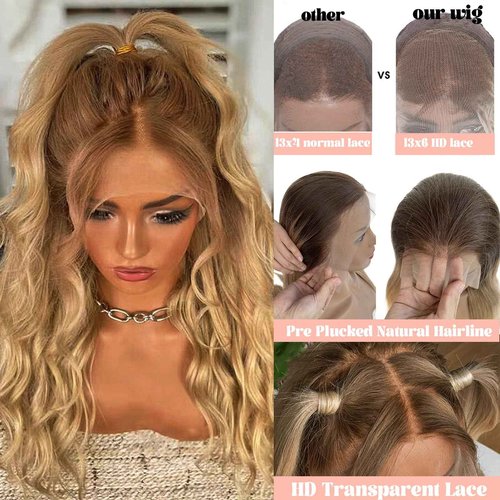 Ombre Blonde Lace Front Wig Human Hair,Glueless Blonde 13x6 HD Lace Front Wigs Human Hair Pre Plucked #4/27 Colored Ombre Brown to Blonde Straight Lce Frontal Human Hair Wig for Women Free Part