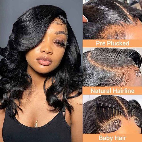MOOTAFUL Bob Wig Human Hair 13x4 HD Lace Front Wigs Human Hair Pre Plucked 200% Density Glueless Short Body Wave Bob Wigs for Black Women with Baby Hair 12 Inch