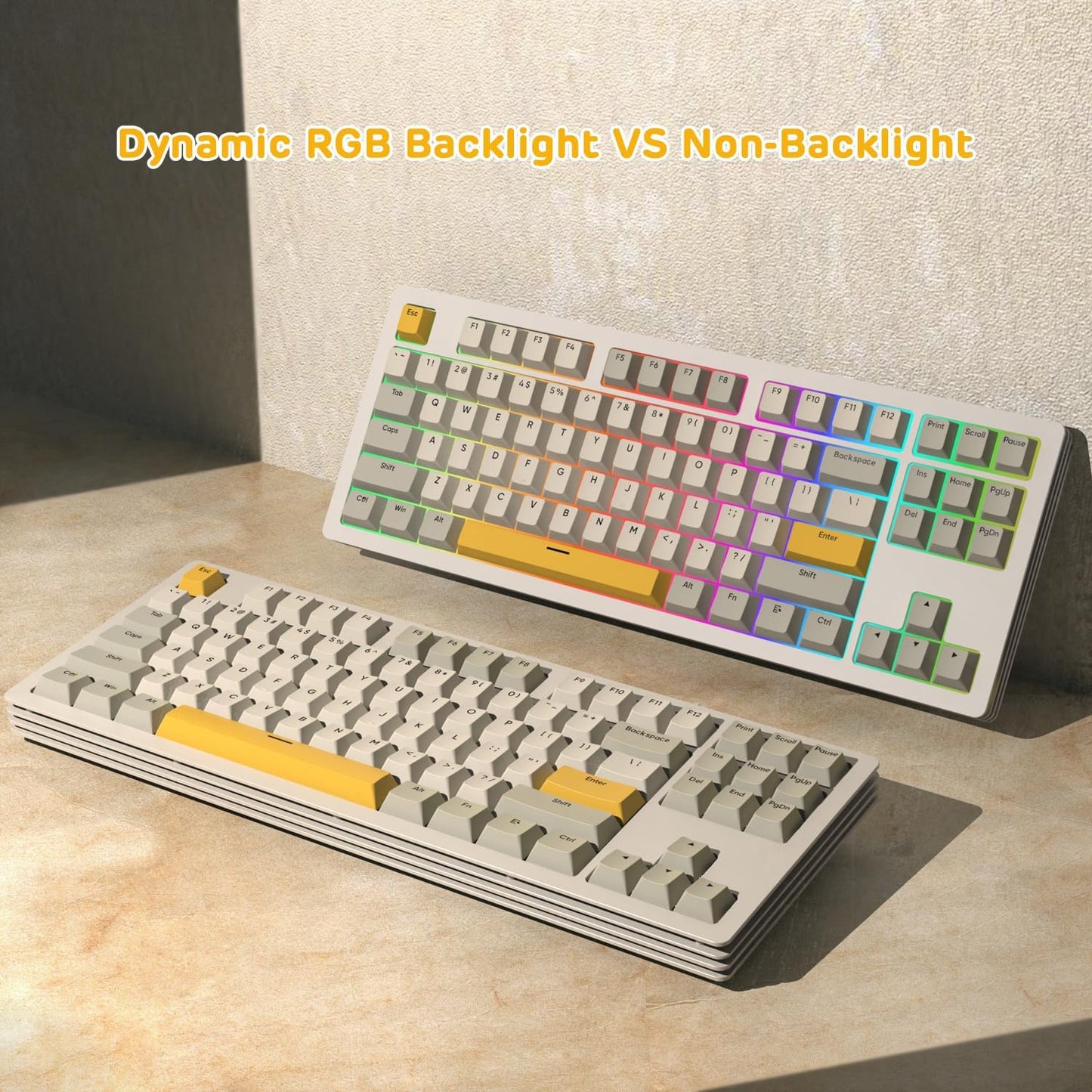 AKC087 Wireless Mechanical Keyboard, 87 Keys Compact TKL Gaming Keyboard, BT5.0/2.4G/Wired 75% Keyboard, RGB Hot Swappable Mechanical Keyboard OEM Profile Yellow Switch for Windows Mac Laptop