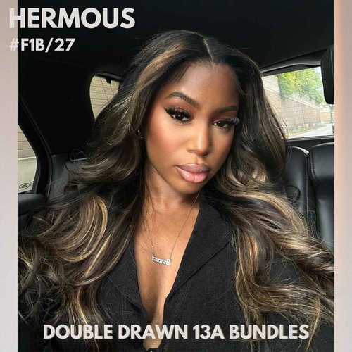 HERMOUS 13A Double Drawn FB/27 Human Hair Bundles Body Wave Blonde Highlight Color, Honey Blonde with Black Single Bundle Human Hair 100% Unprocessed Hair Colored Single Bundle Wavy Sew In 16 Inch