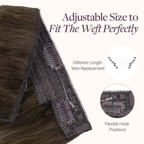 GOO GOO Wire Hair Extensions Human Hair, 4/27/4 Chocolate Brown with Caramel Blonde Balayage 16inch 95g, Invisible Wire Hair Extensions with Transparent, Seamless Fish Line Hairpiece