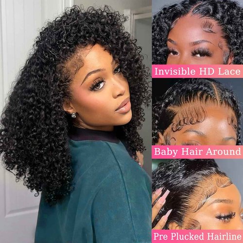13x6 Bob Wig Human Hair Deep Curly Frontal Lace Wig Human Hair HD Transparent Lace Front Wigs Pre Plucked Lace Frontal Wigs Natural Black 16 Inch