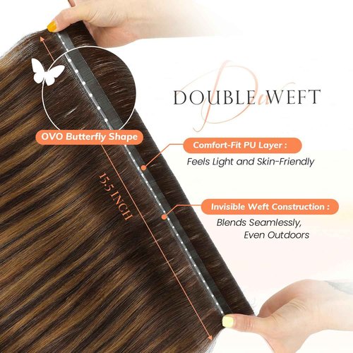 OVO Double PU Weft Hair Extensions Human Hair Ombre Brown Highlight Seamless Invisible Weft,Beaded Flat Hair Extensions, Soft & Natural Real Human Hair Extensions