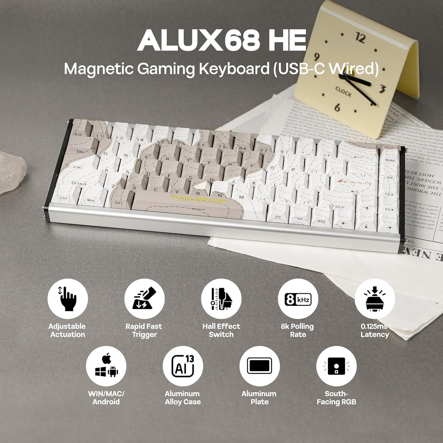 AJAZZ ALUX68 HE Aluminum Rapid Trigger Gaming Keyboard with Magnetic Switch, Wired Hall Effect Keyboard with 8K Polling Rate, 0.125ms Latency, RGB Backlight (Black Side-Printed, ALUX68)
