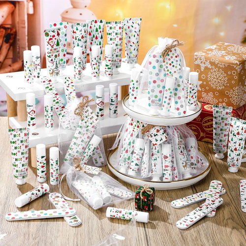 48 Sets/288 Pcs Christmas Party Favors Christmas Hand Cream Body Lotion Lip Balm Nail File Gifts Set Xmas Stocking Stuffers Travel Size Lotion Bulk Holiday Party Supplies for Coworkers Women Adults