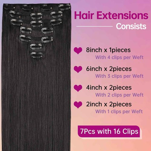 Clip in Hair Extensions Real Human Hair 24 Inch 120g 7pcs Invisible Seamless Real Hair Clip In Hairpiece, Double Layer Woven Real Hair, Specially Designed for Women, 1B Natural Black