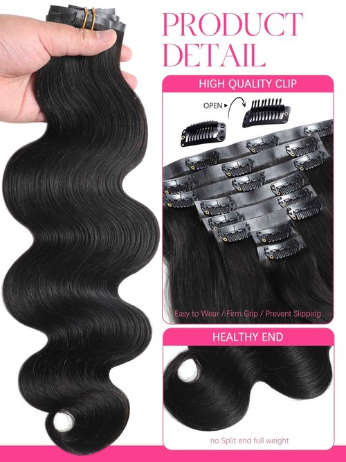 Lacer Body Wave Clip in Hair Extensions Real Human Hair, Seamless 7 Pcs 115g Wavy Human Hair Clip in Extensions for Women Natural Black 18 Inch