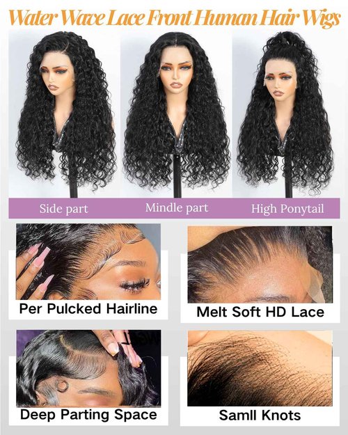 12A 22Inch 13x6 Water Wave Lace Front Wigs Human Hair Pre Plucked HD Transparent Wet and Wavy Lace Front Wigs Human Hair 200 Density Glueless Deep Wave Lace Front Wigs for women