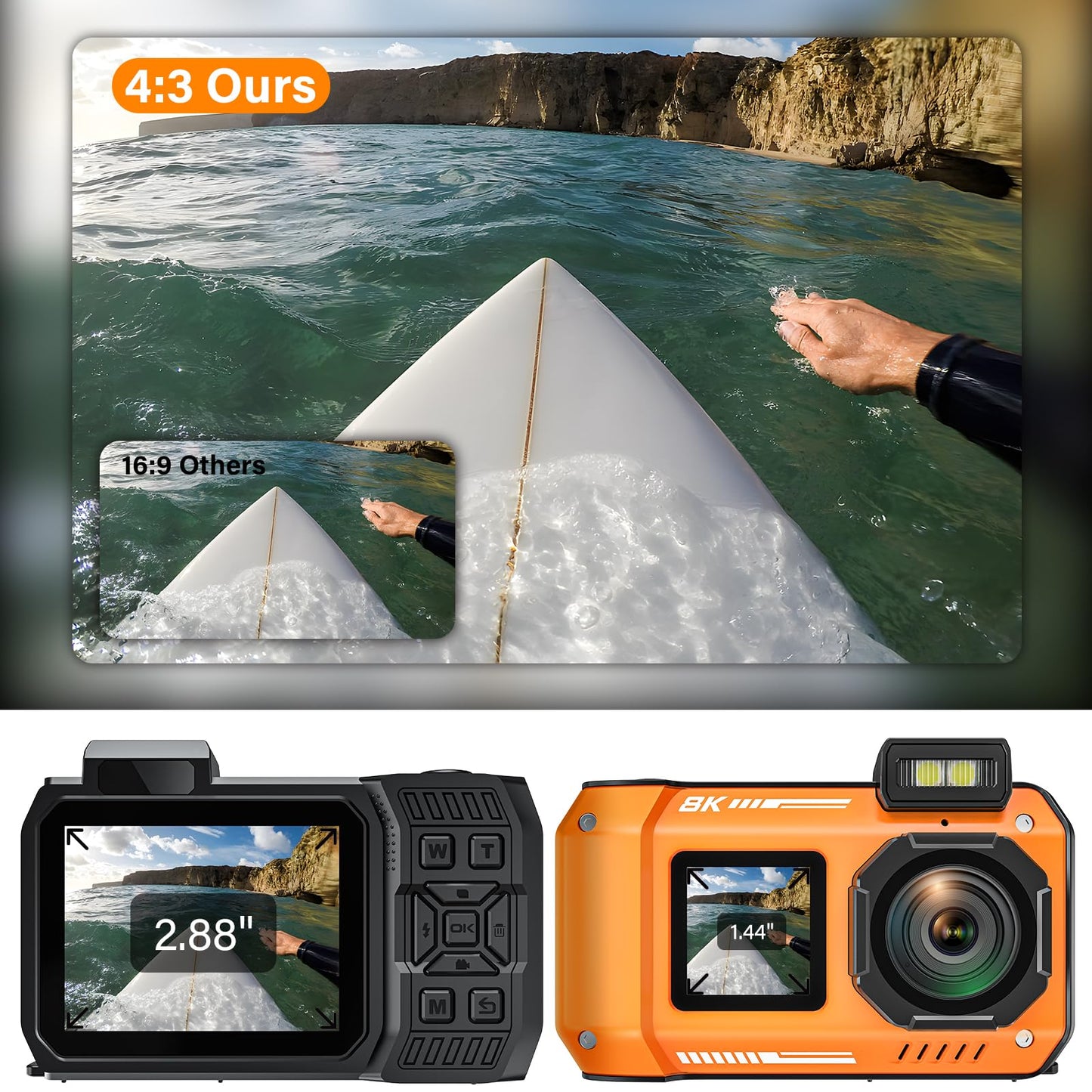 8K UHD 70MP WiFi Digital Camera with 64GB Card Rugged Waterproof Dustproof Shockproof 33FT Underwater Camera Dual-Screen Selfie for Snorkeling Autofocus Point and Shoot Digital Camera (Orange)