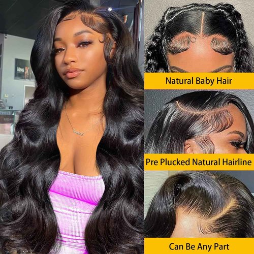 Anderah 28 Inch 13x6 Body Wave Lace Front Wigs Human Hair 13x6 HD Lace Glueless Human Hair Wig Pre Plucked Natural Hairline Brazilian Human Virgin Hair Long Black Body Wave Wig for Women 180% Density