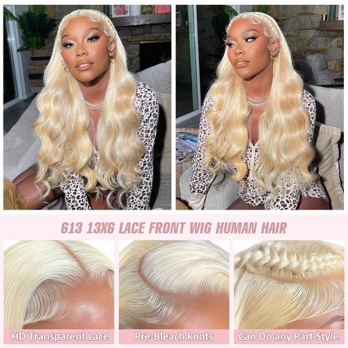 613 HD Lace Frontal Wig 200% Density 13x6 Blonde Body Wave Lace Front Wigs Human Hair Pre Plucked Glueless Wigs for Women (20inch)