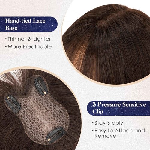 Elailite Human Hair Toppers for Women Real Human Hair Topper with Bangs Hand-Tied Thin 8 * 11CM Lace Base Light Weight Clip in Remy Hairpieces 11 Inch Chocolate Brown