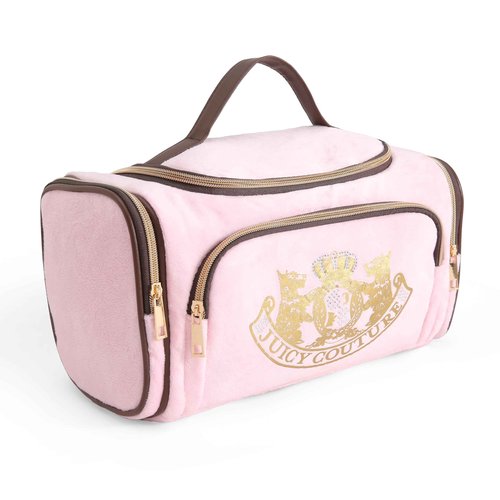 Juicy Couture Pink Makeup Bag Cosmetics Organizer Travel Essentials Duffel Velour Gold Terrier Dog Rhinestone Crown