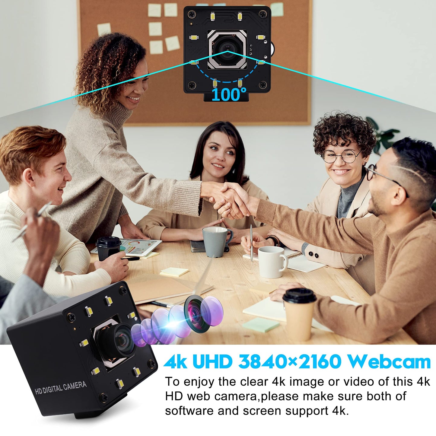 ALPCAM USB Camera 4K Autofocus Webcam High Resolution UHD 2160P Camera with 8pcs White LEDs,100°No Distortion Lens Webcamera with IMX415 Sensor,30fps Plug and Play Web Cam for Video Conference