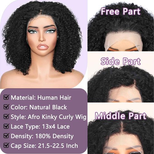 UREMY Afro Kinkycurly Wig Human Hair, 13x4 Lace Front Glueless Bob Wigs, 180 Density Pre Plucked Transparent Lace Frontal, Brazilian Kinky Straight Wig for Black Women, Natural Black 14 Inch