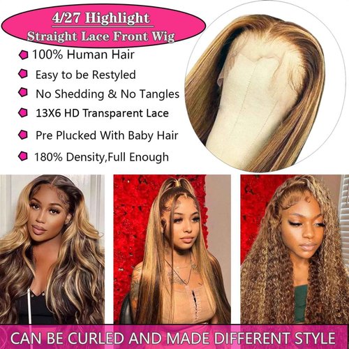 Cypha Ombre Lace Front Wig Human Hair Highlight 13x6 HD Straight Lace Front Wigs 180% Density 4/27 Colored Honey Blonde HD Lace Frontal Wigs For Women Glueless Pre Plucked with Baby Hair 30inch