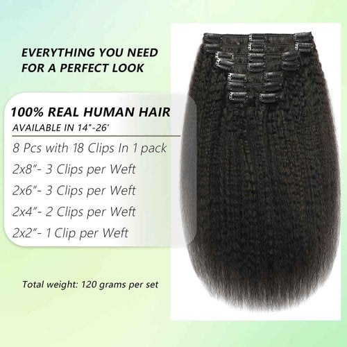 Yaki Straight Clip in Hair Extensions Real Human Hair 120g 8pcs Kinky Straight Human Hair Clip in Extensions for Black Women Natural Color 100% Brazilian Virgin Clip ins Hair