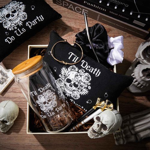 Hushee 30 Pcs Bride or Die Bachelorette Party Supplies Till Death Bridesmaids Gifts 16 oz Glass Cup Makeup Bag Scrunchy Knotted Bracelet Diamond Pen for Gothic Halloween Bridal Shower Wedding Supplies