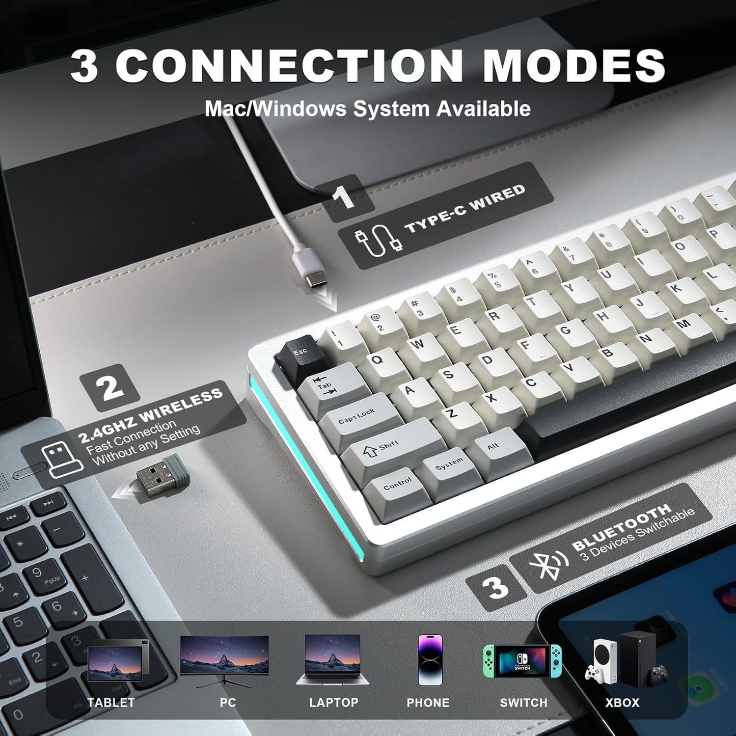 YUNZII AL71 75% Mechanical Keyboard,Full Aluminum CNC,Hot Swappable Gasket,2.4GHz Wireless BT5.0/USB-C Wired,NKRO Programmable RGB Backlight Creamy Typing for Win/Mac(Black,Crystal White Switch)
