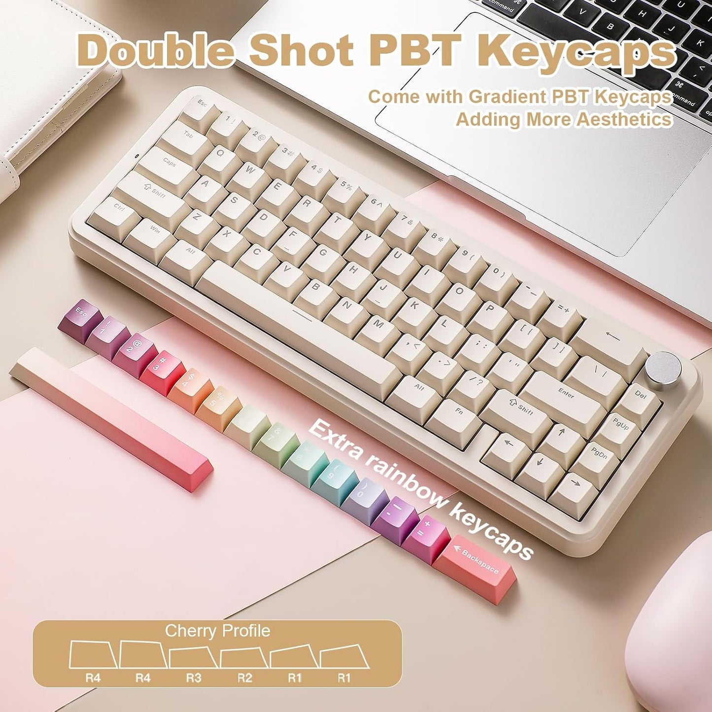 YUNZII B68 Wireless Mechanical Keyboard,Tri-Mode BT5.0/2.4GHz/USB-C,Cute PBT Keycaps,Hot Swappable Creamy Typing Gasket Mounted,RGB Backlit NKRO for Win/Mac (Black, Milk V2 Switch)