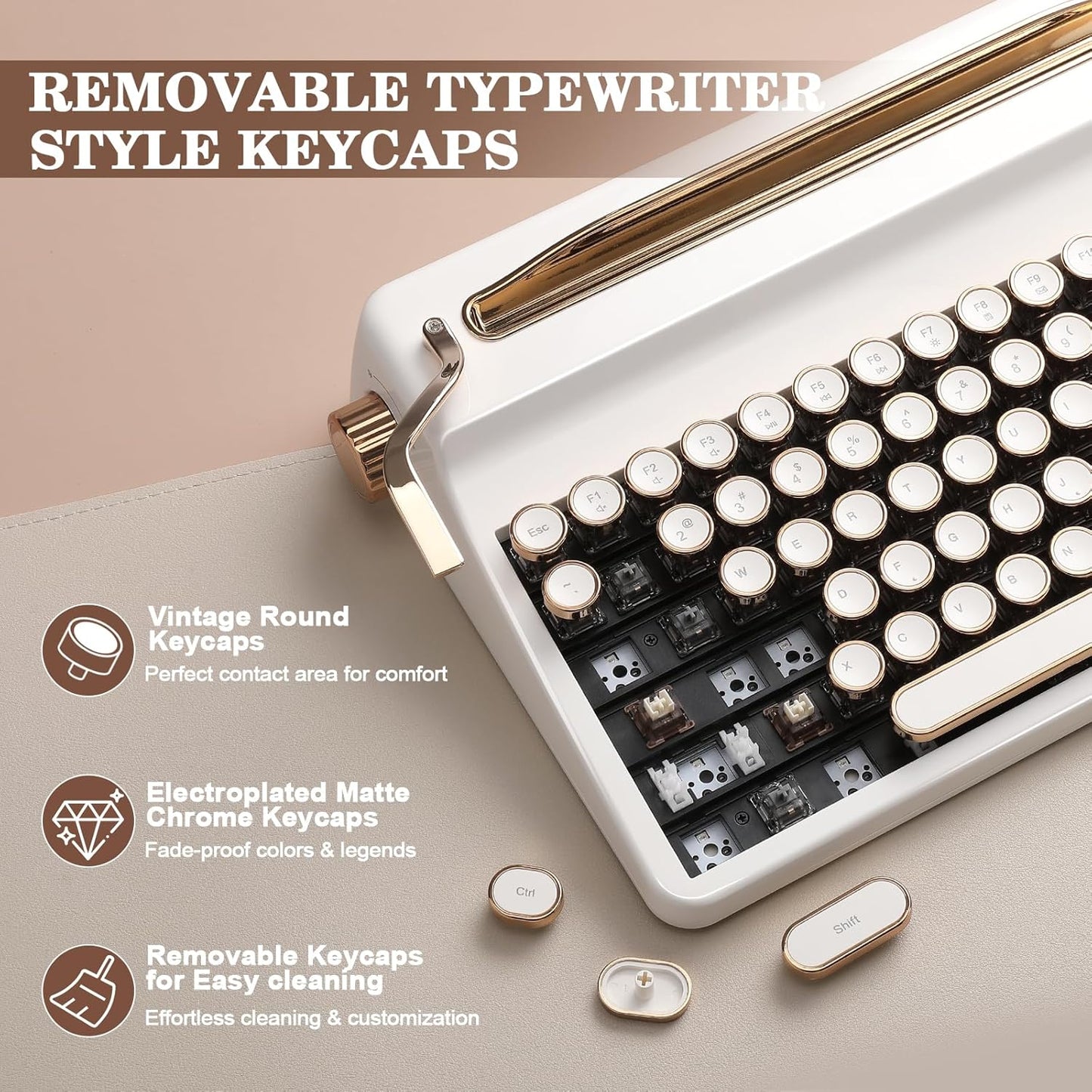 YUNZII QL75 Wireless Typewriter Hot Swap Retro Mechanical Keyboard,Punk Round Keycaps,RGB Backlit QMK/VIA Programmable, Multi-Device Keyboard with 2.4GHz/Type-C/BT5.0 (Green, Cocoa Cream V2 Switch)