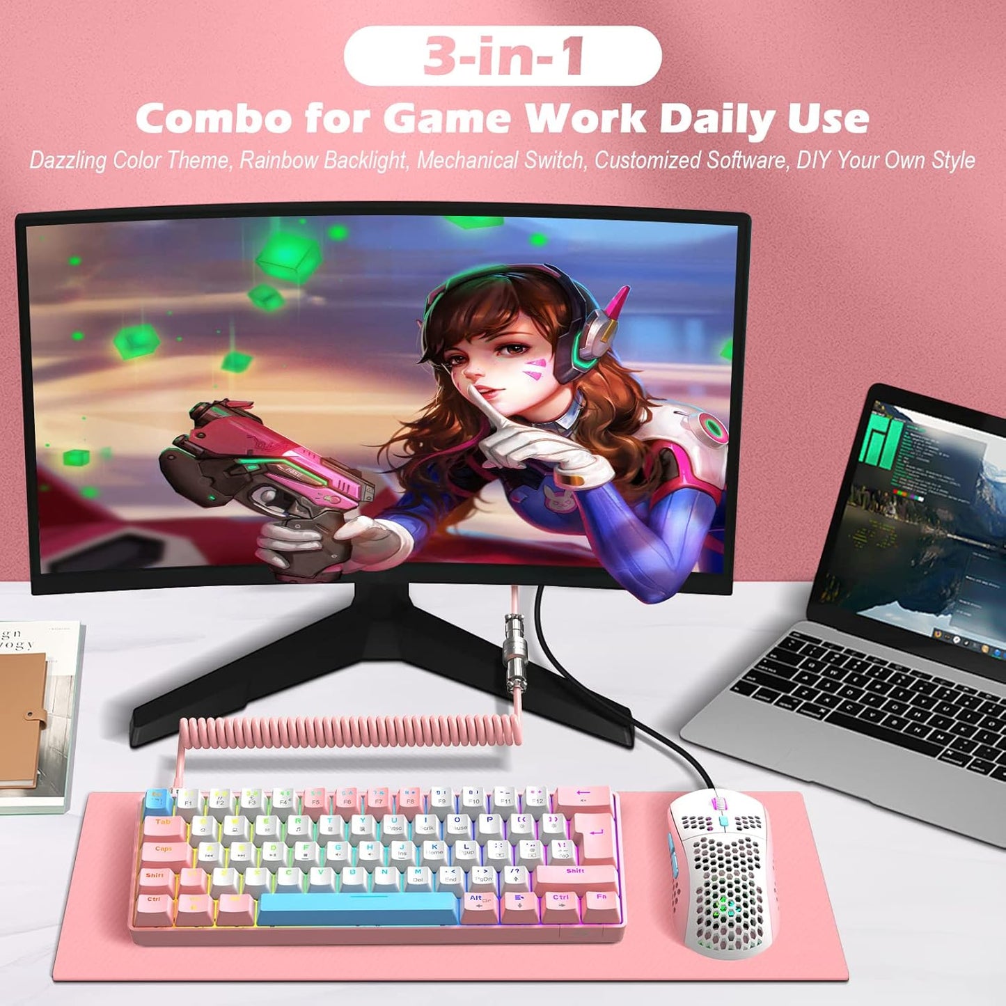 ZIYOU LANG RK-T60 Wired Mechanical Gaming Keyboard Mini Portable with Rainbow Backlit 62Key ABS Keycaps Full Anti-Ghosting Ergonomic Design Coiled Aviator Cable for PS4/PC/WIN Gamer(Blue/Red Switch)