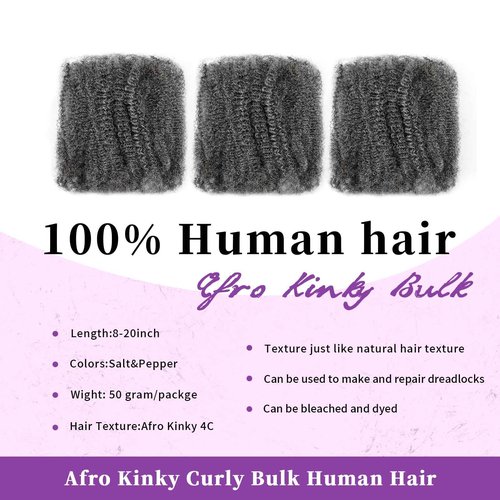Pre-sretched Afro Kinkys Bulk Human Hair Human Hair for Locs/Twists/Braids/Repair Locs Afro Kinky Curly Bulk Can Bleach And Dye(#SALT&PEPPER,18inch 50g)
