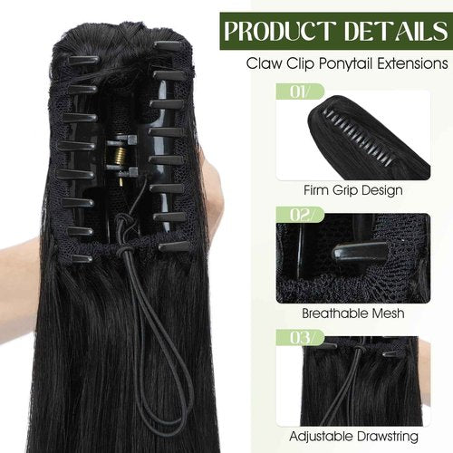 Charites Ponytail Extension, 18 Inch Claw Clip Ponytail Extension Human Hair Long Straight Jaw Clip in Real Hair Pony Tails Hairpieces for Women Jet Black