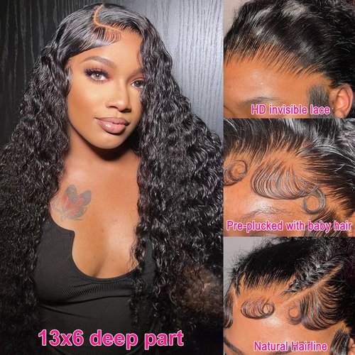 AskWish 180% Density 13x6 Deep Wave Lace Front Wigs Human Hair Pre Plucked Glueless Transparent HD Lace Frontal Wigs Human Hair Brazilian Virgin Black Hair Natural Hairline 20 Inch Wig