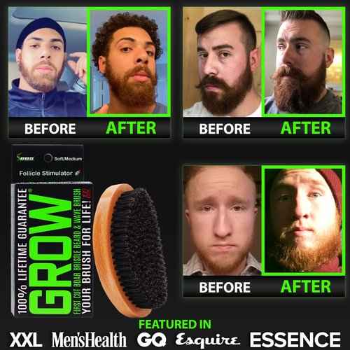 Beard Growth Kit w/ 100% Lifetime Replacement Boar Bristle Brush + GROW 11-in-1 Mens Shampoo & Conditioner (Hair Growth Shampoo for Men w/Biotin) + GROW XXL Beard Oil for Men (Made in America)