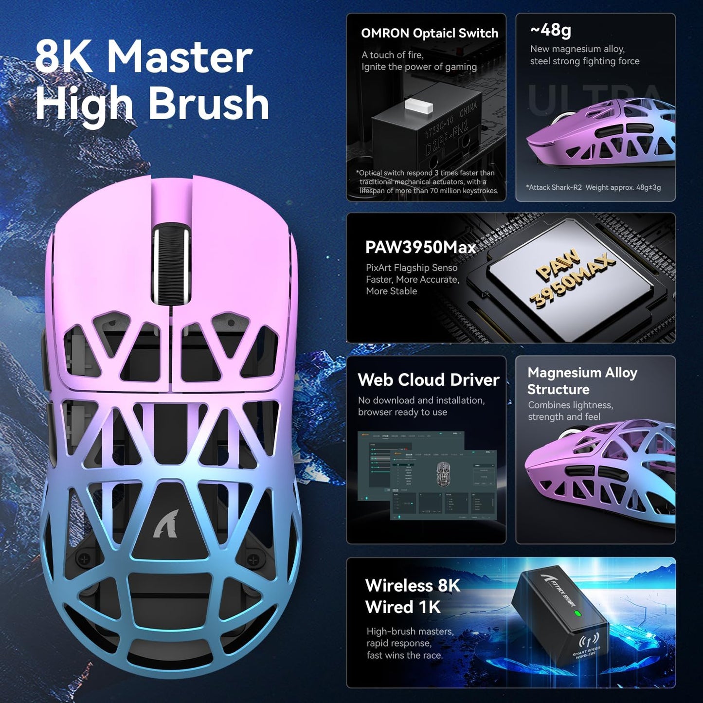 ZIYOU LANG x Attack Shark R2 Wireless Gaming Mouse, Ultra Lightweight Magnesium Alloy, PAW3950 42000 DPI Optical Sensor, 8KHz Polling Rate, BT/2.4G/Wired Programmable Mice with Grips Sticker (Black)