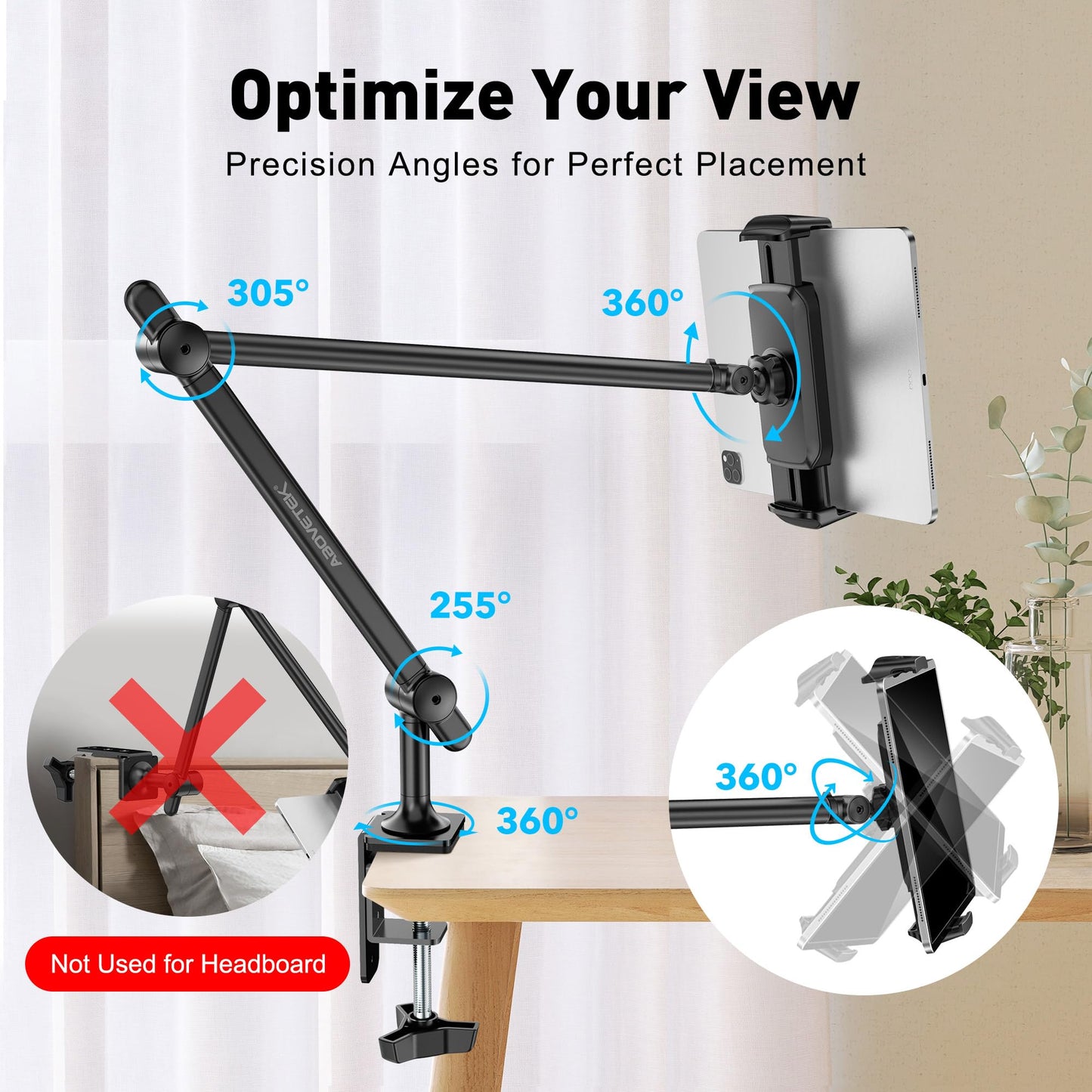 AboveTEK Tablet Stand Holder, Aluminum iPad Holder for Desk & Bed, Adjustable Arm Clamp Mount with 360° Rotation, Overhead Compatible with 4.7"-13.5" iPad Pro/Air/Mini, iPhone, Galaxy Tab- Black