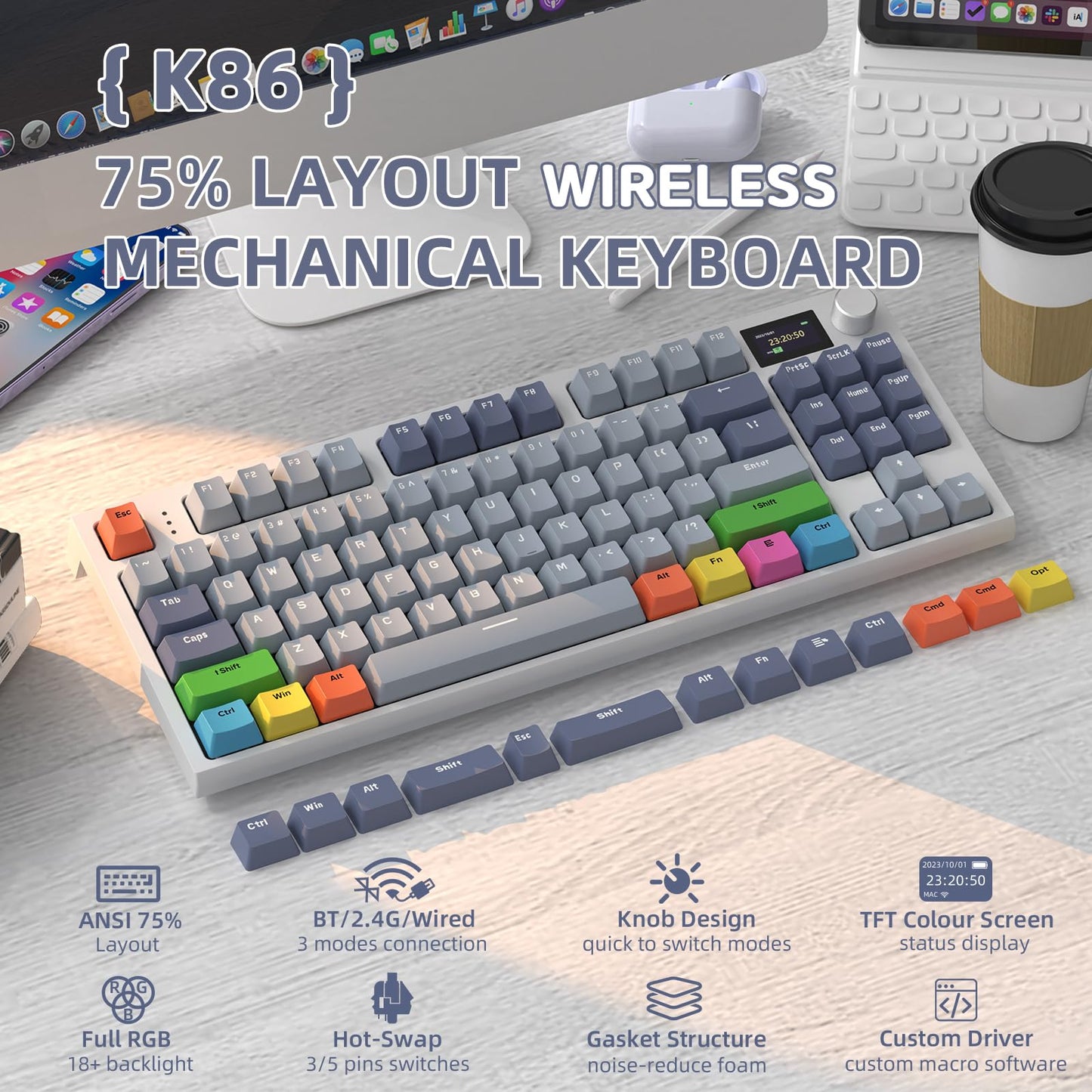 ATTACK SHARK RK86 Gaming RGB 75% Wireless Mechanical Keyboard, 82 Keys 2.4G/Bluetooth/USB-C Hot Swappable Gaming Keyboard 4000 mAH Battery w/Knob & 1.2'' HD OLED Display, Custom Linear Switches