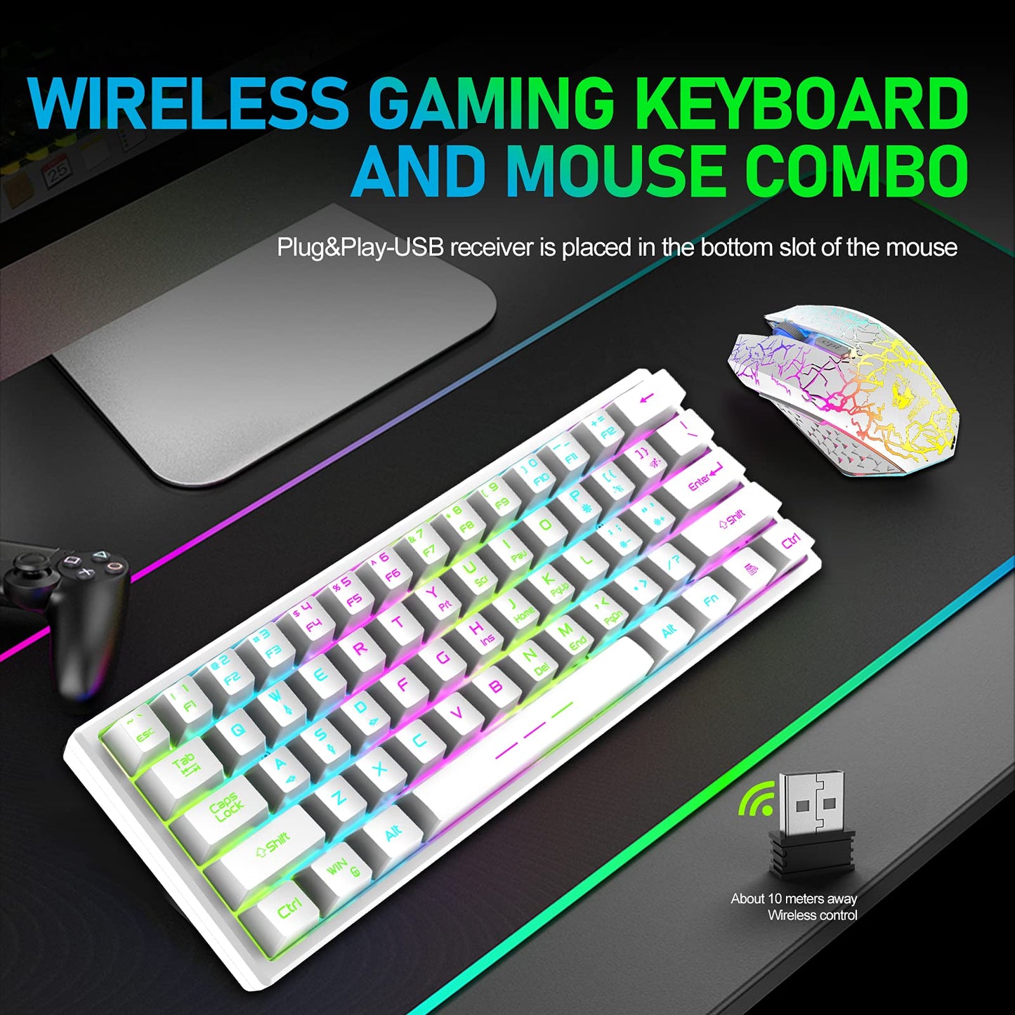 ZIYOU LANG T61 Wireless Gaming Keyboard and Mouse Combo with Ergonomic 61 Key Rainbow LED Backlight Anti-ghosting Mechanical Feel Rechargeable 4000mAh Battery Mouse Pad for PC MAC Gamer Typists(White)