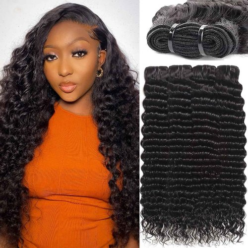12A 4 Curly Bundles Human Hair 16 18 20 22 Inch Deep Wave Human Hair Bundles,100% Unprocessed Virgin Deals Real Human Hair Extensions,Natural Black Sew In Quick Weave Deep Wave Bundles for Women