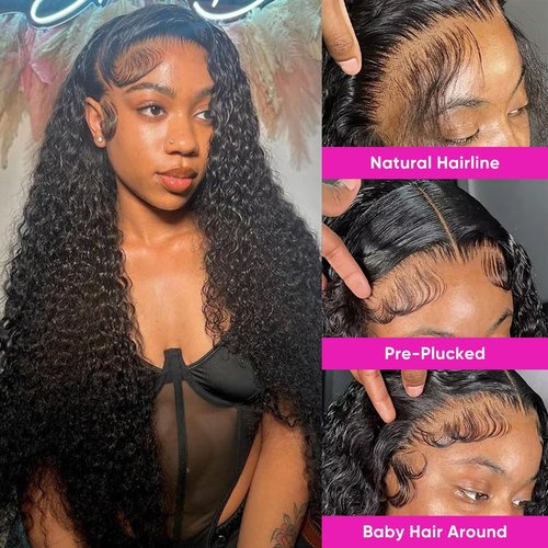 Vamzee Water Wave Lace Front Wigs Human Hair 200 Density 13x6 HD Transparent Wet and Wavy Wigs for Women Curly Lace Front Wigs Pre Plucked with Baby Hair Natural Color 16Inch